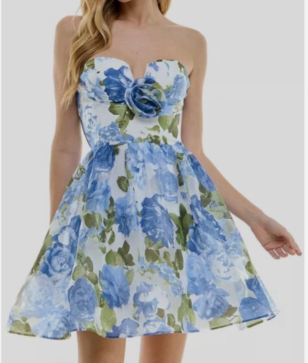 City Studio Bleu and Ivory Chiffon Floral Strapless Mini Dress 13/14 NWT
